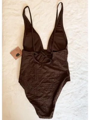 NWT Shade & Shore Brown Crochet Plunge Medium Coverage One Piece Swimsuit - S thumbnail 6