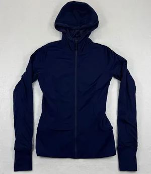 Lululemon Reversible Navy Blue Hooded‎ Zip Up Athletic Jacket Thumbholes Size 10 thumbnail 1