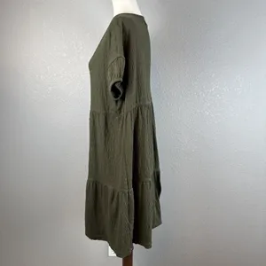 Madewell Oversized Tiered Mini Dress Size S‎ Green Crinkle Knit Cotton Blend thumbnail 4