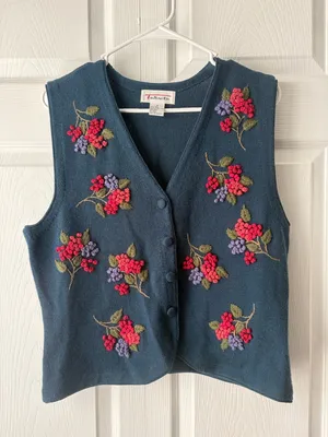 Talbots Teal Embroidered Floral Button-Front Vest thumbnail 1