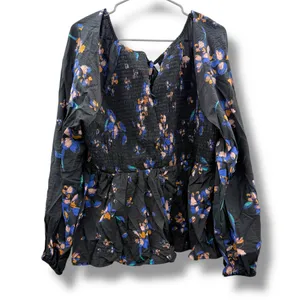 Ava & Viv Black Multicolor Floral Long Sleeve Smocked Peplum Top Sz‎ 1X NEW thumbnail 4