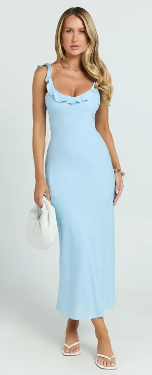 Showpo Light Blue Scoop Frill Neck A Line Dress thumbnail 1
