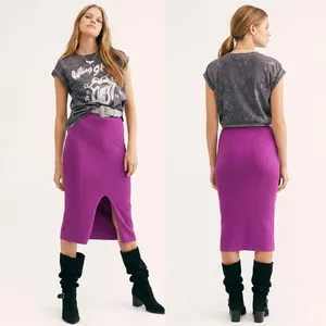 Free People Skyline‎ Women Medium Purple Ribbed Knit Front Slit Midi Skirt Boho thumbnail 2