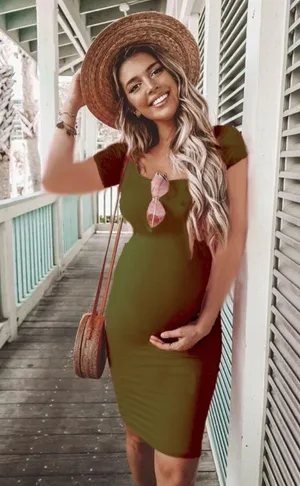 Boutique Army Green Maternity Short Sleeve Cuff Sleeve Ruched Bodycon Dress thumbnail 1