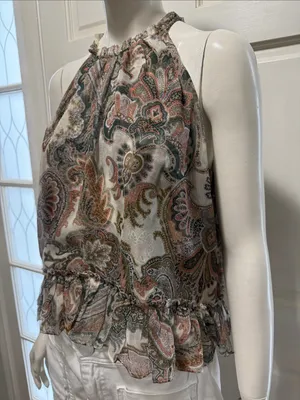 Veronica Beard 100% Silk Paisley Halter Tank - Green, Cream, Coral Size 8 thumbnail 6