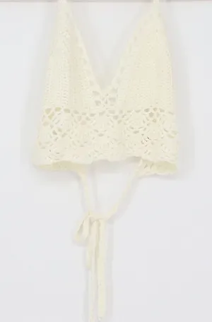 Cream Crochet Halter Top Boho Festival Bralette V-Neck Tie Back Cream Size M thumbnail 1