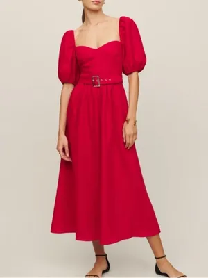 Reformation 4 NEW Tien Linen Dress Cherry Red Fitted Waist Puffy Holiday Belted thumbnail 4