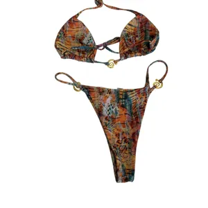 NWT Animal Print String Bikini Set Gold Hardware 2 Piece Swimsuit Medium thumbnail 4