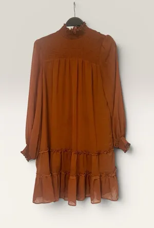 CeCe Rust Smocked High-Neck Tiered Long-Sleeve Dress thumbnail 1