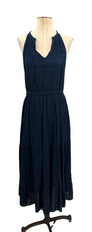 Self Contrast Navy Gauze Halter‎ Tiered Midi Dress Boho Sleeveless Size Medium thumbnail 1