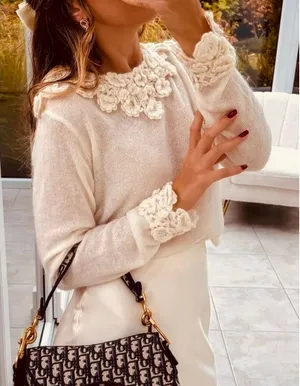 ZARA Alpaca Wool Ecru Crochet Flower Applique Sweater Blogger Favorite Small thumbnail 1