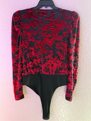 Dear John Red Black Velvet Floral Puff Sleeve Bodysuit Size M thumbnail 6