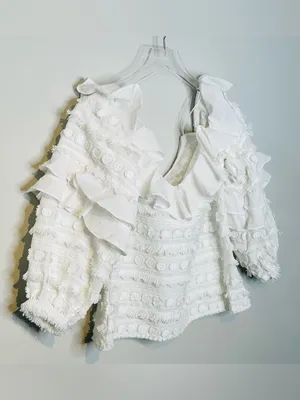 Alexis Damini White Off Shoulder Ruffle Long-Sleeve Fringe Blouse Shirt Top thumbnail 6