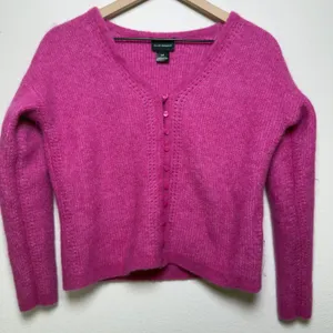 Club Monaco Women Alpaca Cardigan Sweater Small Hot Pink‎ Preppy V-Neck Fuzzy thumbnail 2