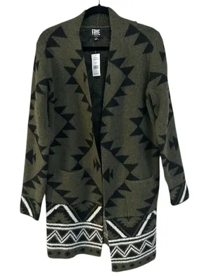 Frye NWT Boho Indie Green Aztec Geometric‎ Print Open Front Cardigan Sweater S thumbnail 1