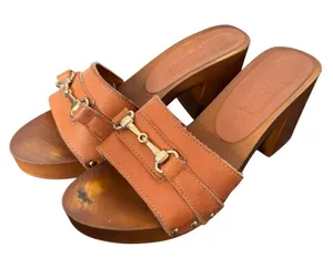 Horsebit BOHO Y2K Wooden Platform Clog Mules Womens Size 39 US 8.5 Brown Slides thumbnail 1