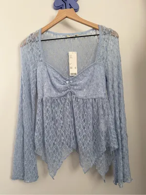 Urban Outfitters Medium NEW Jolene Sheer Lace Babydoll Top Blue Fairy Whimsical thumbnail 1