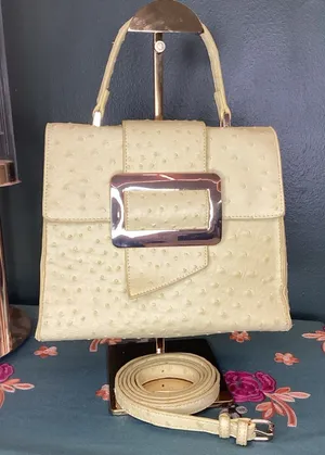 Grossi Ostrich Embossed Satchel Handbag Small Pale Yellow Good Faux‎ Leather thumbnail 1