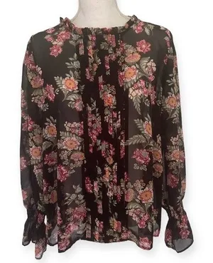 Pink Rose Floral Long Sleeve Pleated Blouse thumbnail 1