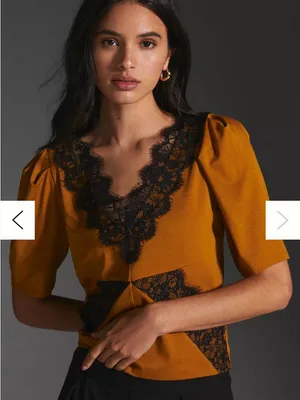 Anthropologie Lace Trim Peplum Top Mustard Black XL Romantic Boho thumbnail 1
