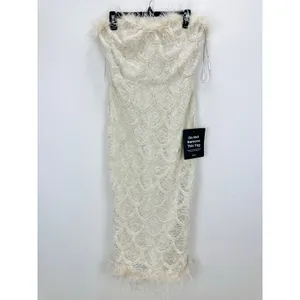 Lulus Uniquely Confident Cream Lace Feather Strapless Midi Dress Cocktail L NWT thumbnail 5