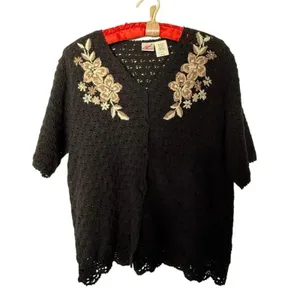 Vintage AGW Division of Graff Black Open Knit Cardigan XL Floral Embroidered thumbnail 9