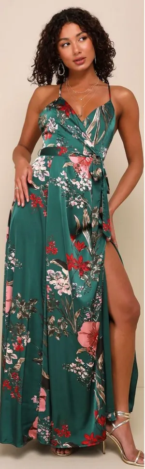Lulus Still the One Emerald Green Floral Print Satin Maxi Dress Size Large NWT thumbnail 1