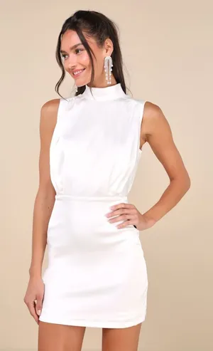 NWT Lulus Classic Elegance White Satin Sleeveless Mock Neck Mini Dress Size M thumbnail 1
