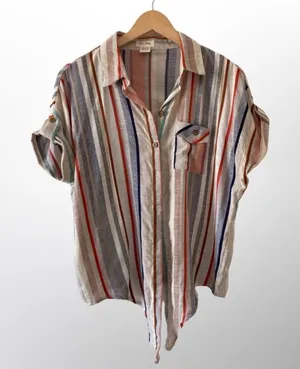 Love Notes Button Down Tie Up Shirt | Size L | Boho Cotton Rayon thumbnail 1