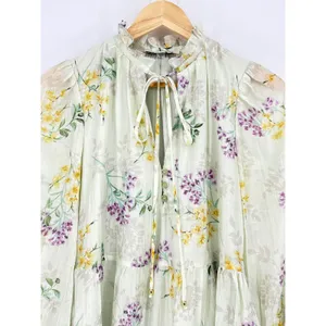 Taylor Floral Tiered Smock Dress Small‎ Cream Yellow Purple Lyocell Coquette NWT thumbnail 10