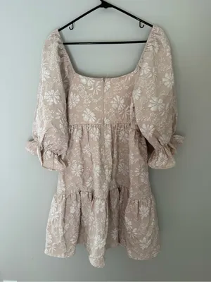 Shop the Mint Tan White Floral Embroidered Puff Sleeve Mini Dress Large thumbnail 6
