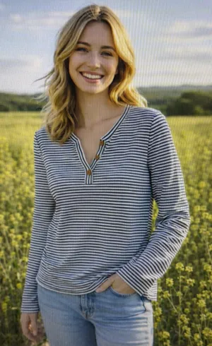Chico's 2 Womens Large dark Navy Blue Stripe Ribbed Henley shirt cottagecore thumbnail 1