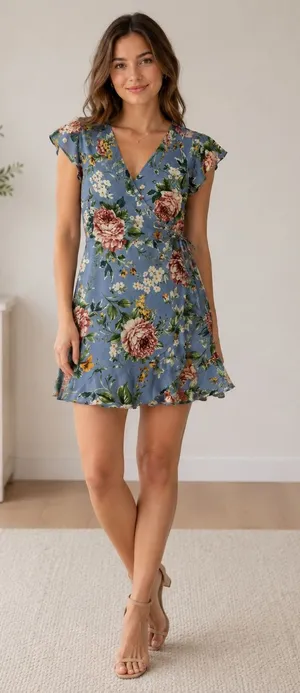 Xhilaration Blue Floral Wrap Mini Dress Size Large thumbnail 1