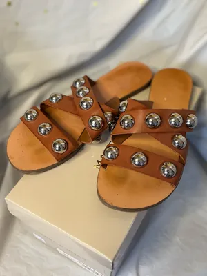 Marc Fisher Carmel Brown Leather Slide Sandals with Silver Stud Accents thumbnail 5