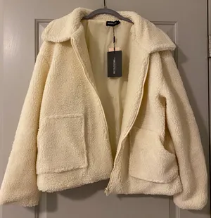 Cream Borg Zip Up Oversized Jacket thumbnail 1