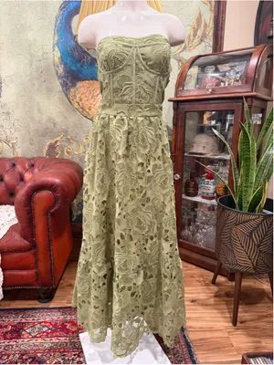 Glam Sage Green Lace Corset Maxi Dress Strapless Cutout Crochet Floral XL Summer thumbnail 3