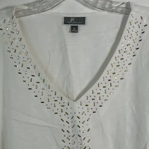 JM Collection White Linen Blend Embellished‎ V-Neck Tunic Top XL FLAW thumbnail 3