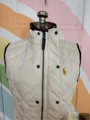 Polo Ralph Lauren White Quilted Sleeveless Stand Collar Preppy Vest Sz S 🧡🍄 thumbnail 5