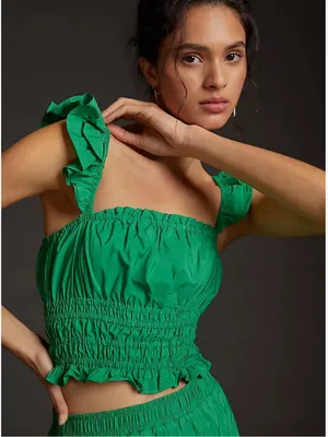 Anthropologie Maeve Women's Smocked Taffeta Tank Green Ruffle Cropped Boho thumbnail 1