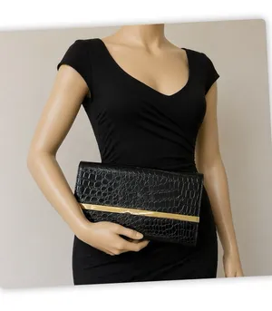 ALDO Black Faux Croc Clutch Wallet‎ Purse Envelope Gold Bar Snap Closure Large thumbnail 1