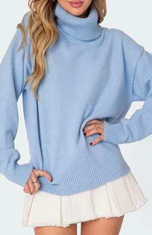 EDIKTED Isabelle Oversize Turtleneck Sweater in Light Blue. Size XS/S thumbnail 1