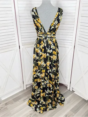 Aidan Mattox Floral Pleat V Neck Front Slit Formal Maxi Dress Black Yellow 8 thumbnail 5