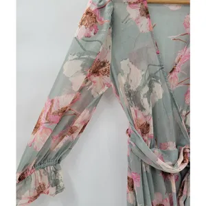 Express Wrap Dress Womens S/M Green Floral Watercolor Sheer Tiered Long Maxi thumbnail 8