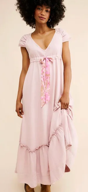 Free People Roucha Blue Shadow Cotton Tie Front Ruffle Hem Maxi Dress Size S thumbnail 1