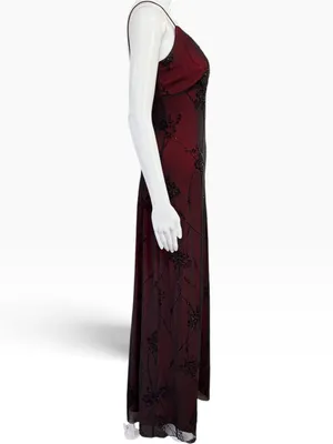 Vintage Cache 90s Burgundy Black Beaded Mesh Maxi Dress Whimsigoth Goth Vampy thumbnail 4