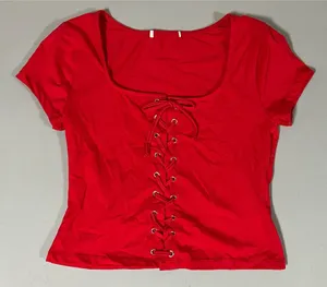Red Solid Tie-Up Lace-Up Square-Neck Short Sleeve Tee T-Shirt Top Blouse Size M ❤️ thumbnail 1