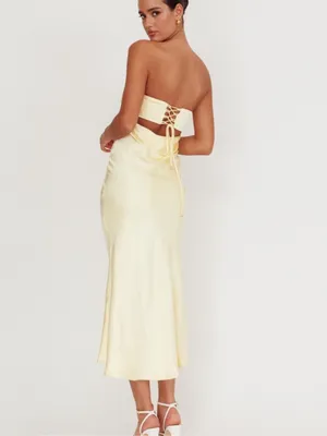 $115 NWT Selfie Leslie Moon Song Strapless Laced Back Dress Butter Yellow M thumbnail 3