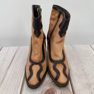 Free People Winding Road Ankle Boots Brown & Black Leather Western Anthropologie thumbnail 6