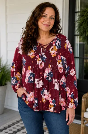 Old Navy floral blouse size‎ 16/18 ~burgundy lace-up v-neck ~ loose fit Fall top thumbnail 1