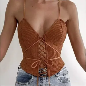 Women's‎ Vintage Style Bandage Lace-Up Crop Top Backless Cami Brown Size S New thumbnail 1
